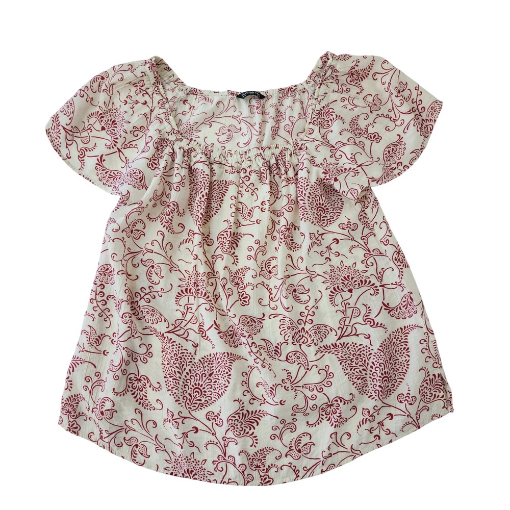 BloomChic Red Cream Floral Paisley Peasant Blouse Short Sleeve Square Neck Sz 12